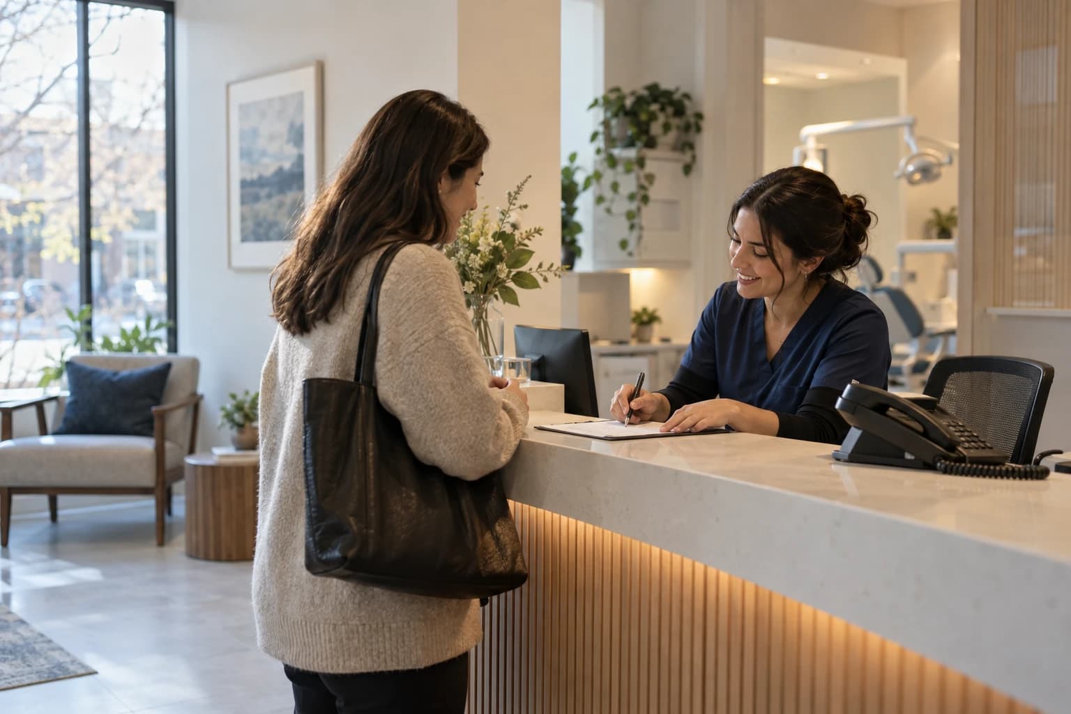 A receptionist at a bright dental clinic front desk helping a patient