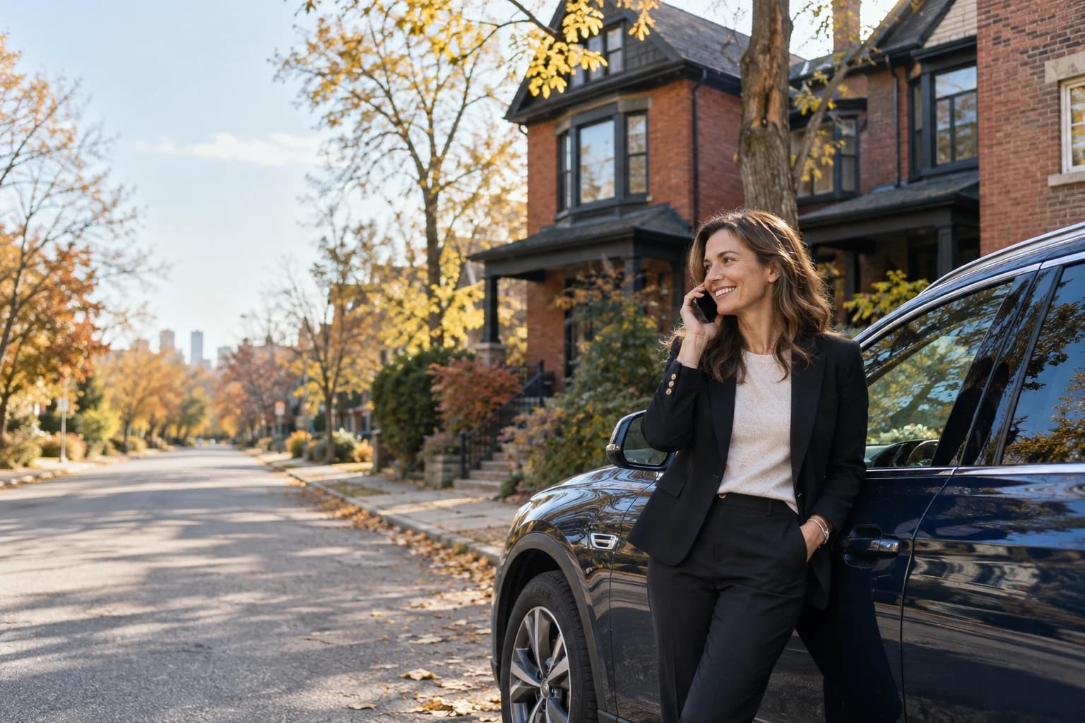 A realtor smiling on a phone call beside her car on a Toronto street in autumn