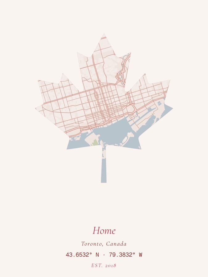 A Maporize poster: a map of downtown Toronto inside a maple leaf, titled Home