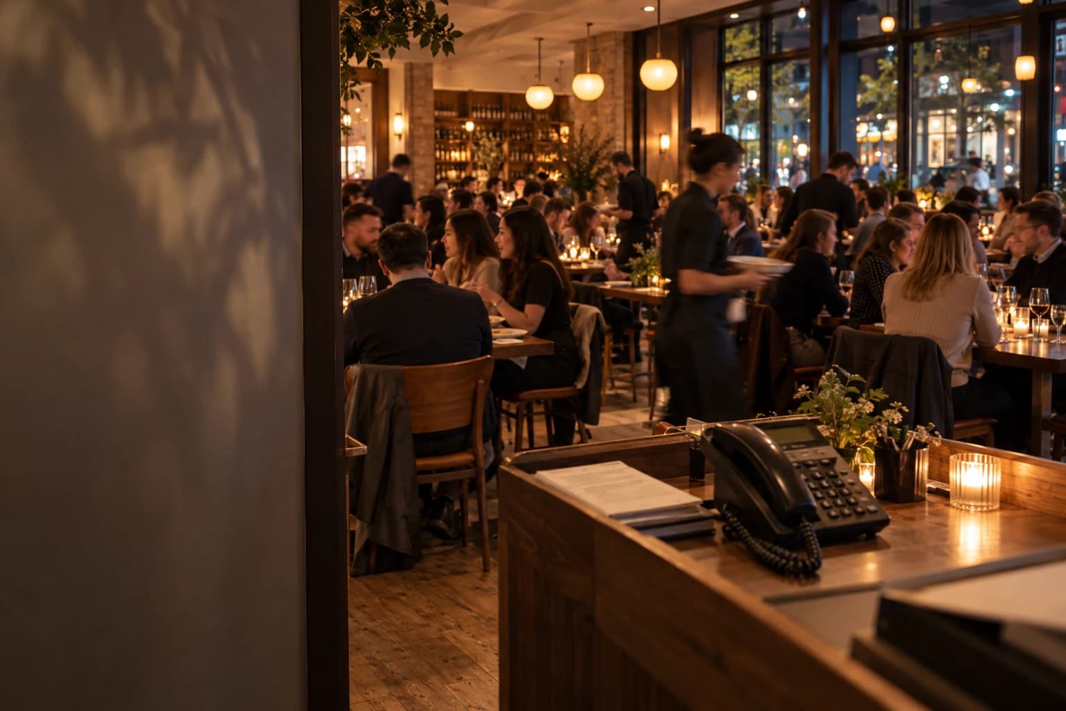 A busy restaurant dining room at dinner, seen past the host stand phone